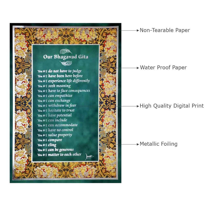 Bhagavad Gita Wall Poster (Silver), 18 Lessons from Bhagavad Gita by Devdutt Pattanaik, Bhagavad Gita Wall Art, A3 size, 19”x13”, Non Tearable Water Proof Paper, Double side tape all 4 sides.