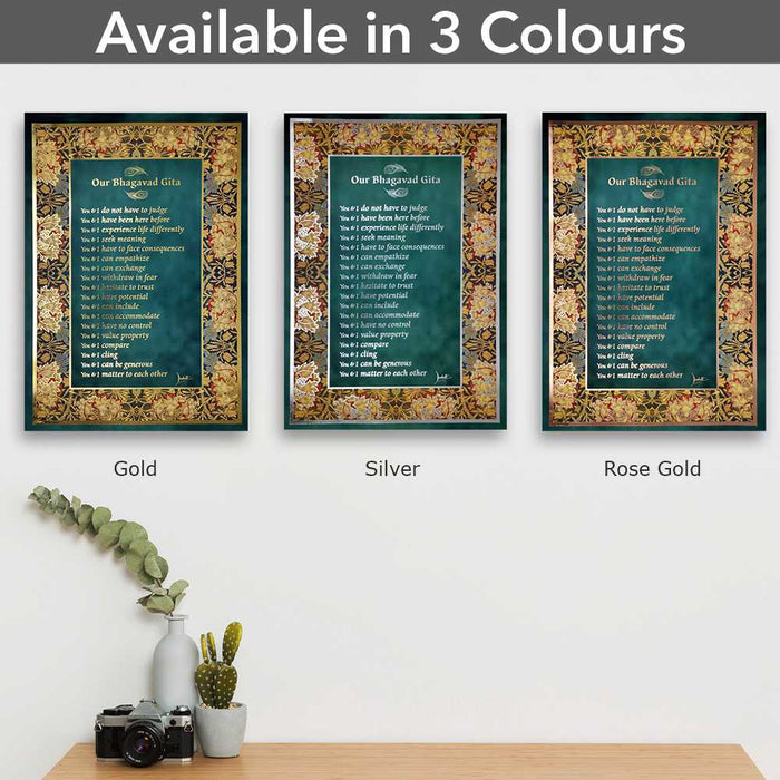 Bhagavad Gita Wall Poster (Silver), 18 Lessons from Bhagavad Gita by Devdutt Pattanaik, Bhagavad Gita Wall Art, A3 size, 19”x13”, Non Tearable Water Proof Paper, Double side tape all 4 sides.