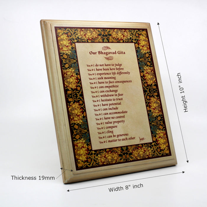 Bhagavad Gita Wall Hanging or Desk Art, 18 Lessons from Bhagavad Gita by Devdutt Pattanaik, Bhagavad Gita Wall frame, Inspirational Art for Office, living room, Study room, Home Office, MDF Wooden Plaque.
