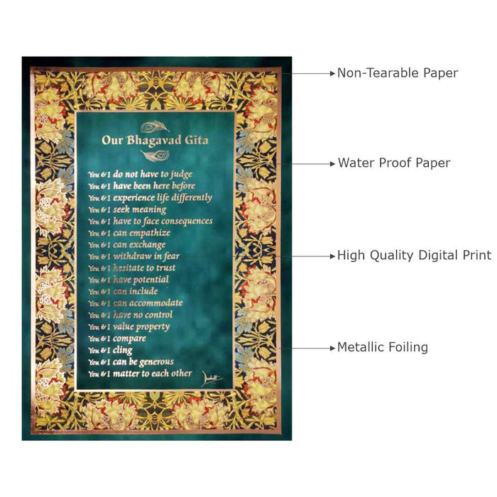 Bhagavad Gita Wall Poster (Rose Gold), 18 Lessons from Bhagavad Gita by Devdutt Pattanaik, Bhagavad Gita Wall Art, A3 size, 19”x13”, Non Tearable Water Proof Paper, Double side tape all 4 sides.