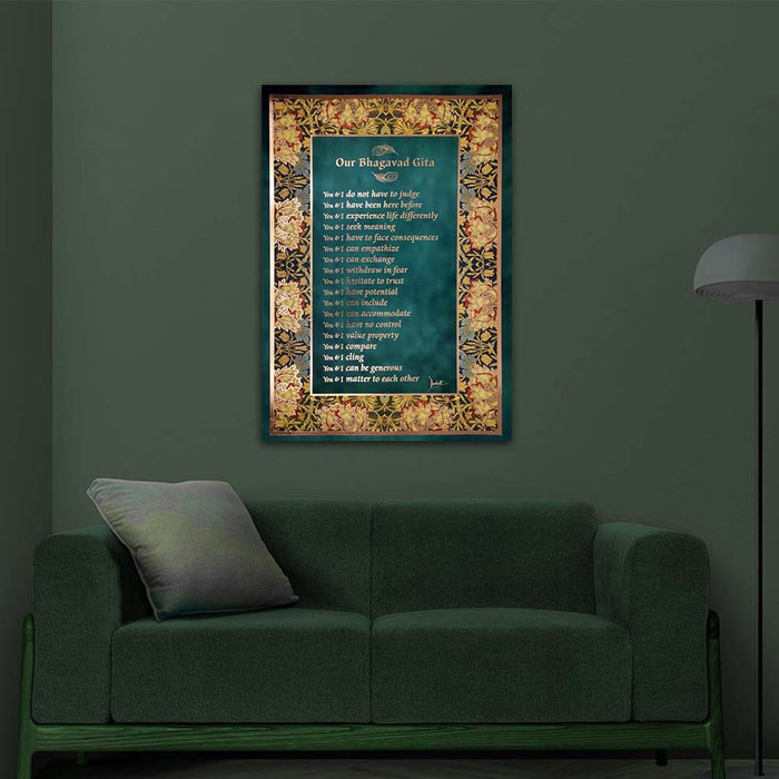 Bhagavad Gita Wall Poster (Rose Gold), 18 Lessons from Bhagavad Gita by Devdutt Pattanaik, Bhagavad Gita Wall Art, A3 size, 19”x13”, Non Tearable Water Proof Paper, Double side tape all 4 sides.