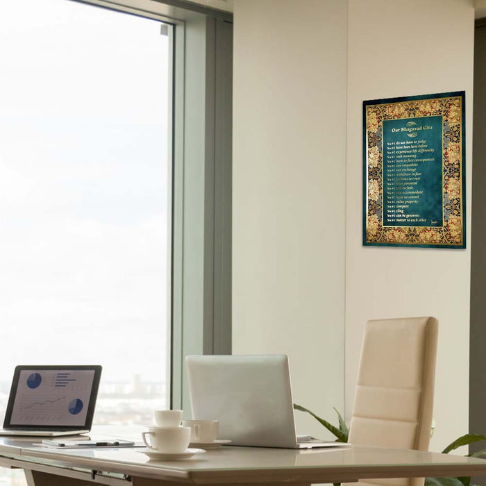 Bhagavad Gita Wall Poster (Gold), 18 Lessons from Bhagavad Gita by Devdutt Pattanaik, Bhagavad Gita Wall Art, A3 size, 19”x13”, Non Tearable Water Proof Paper, Double side tape all 4 sides.