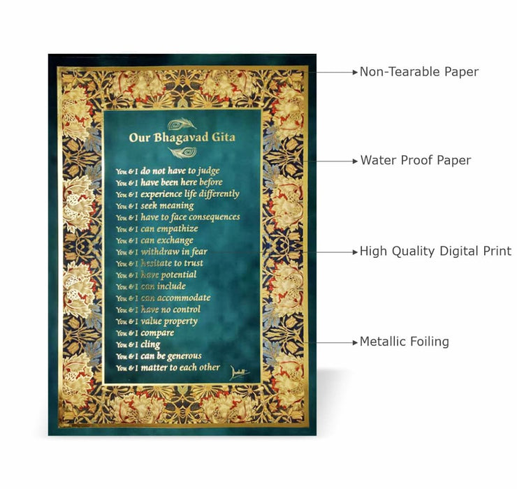 Bhagavad Gita Wall Poster (Gold), 18 Lessons from Bhagavad Gita by Devdutt Pattanaik, Bhagavad Gita Wall Art, A3 size, 19”x13”, Non Tearable Water Proof Paper, Double side tape all 4 sides.