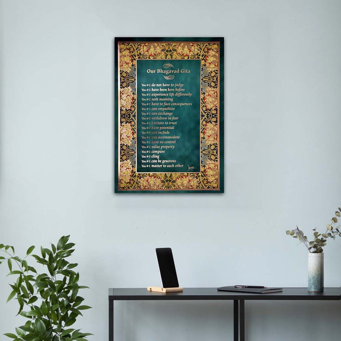 Bhagavad Gita Wall Poster (Rose Gold), 18 Lessons from Bhagavad Gita by Devdutt Pattanaik, Bhagavad Gita Wall Art, A3 size, 19”x13”, Non Tearable Water Proof Paper, Double side tape all 4 sides.
