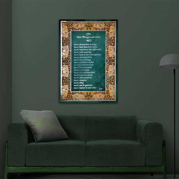 Bhagavad Gita Wall Poster (Silver), 18 Lessons from Bhagavad Gita by Devdutt Pattanaik, Bhagavad Gita Wall Art, A3 size, 19”x13”, Non Tearable Water Proof Paper, Double side tape all 4 sides.
