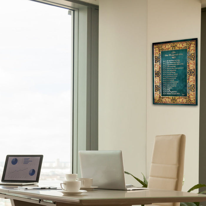 Bhagavad Gita Wall Poster (Rose Gold), 18 Lessons from Bhagavad Gita by Devdutt Pattanaik, Bhagavad Gita Wall Art, A3 size, 19”x13”, Non Tearable Water Proof Paper, Double side tape all 4 sides.