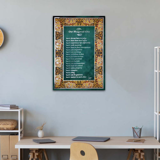 Bhagavad Gita Wall Poster (Silver), 18 Lessons from Bhagavad Gita by Devdutt Pattanaik, Bhagavad Gita Wall Art, A3 size, 19”x13”, Non Tearable Water Proof Paper, Double side tape all 4 sides.