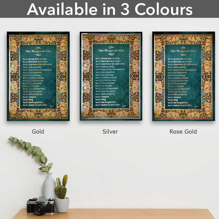 Bhagavad Gita Wall Poster (Rose Gold), 18 Lessons from Bhagavad Gita by Devdutt Pattanaik, Bhagavad Gita Wall Art, A3 size, 19”x13”, Non Tearable Water Proof Paper, Double side tape all 4 sides.