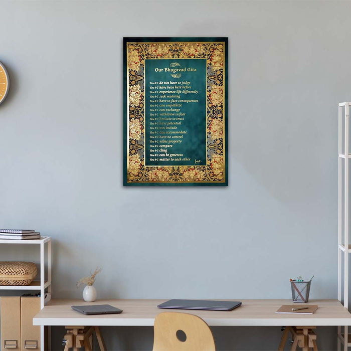 Bhagavad Gita Wall Poster (Gold), 18 Lessons from Bhagavad Gita by Devdutt Pattanaik, Bhagavad Gita Wall Art, A3 size, 19”x13”, Non Tearable Water Proof Paper, Double side tape all 4 sides.