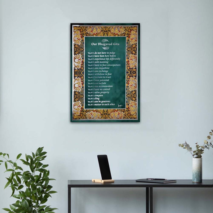 Bhagavad Gita Wall Poster (Silver), 18 Lessons from Bhagavad Gita by Devdutt Pattanaik, Bhagavad Gita Wall Art, A3 size, 19”x13”, Non Tearable Water Proof Paper, Double side tape all 4 sides.
