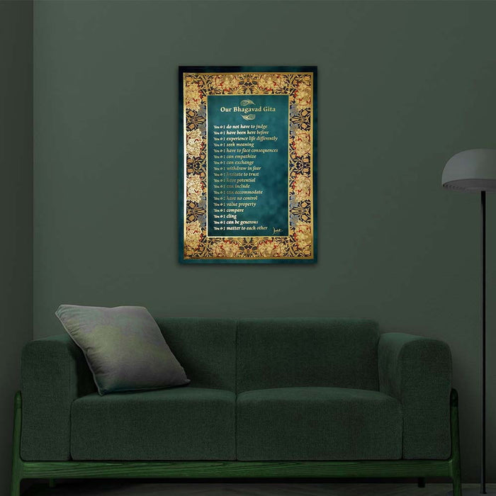 Bhagavad Gita Wall Poster (Gold), 18 Lessons from Bhagavad Gita by Devdutt Pattanaik, Bhagavad Gita Wall Art, A3 size, 19”x13”, Non Tearable Water Proof Paper, Double side tape all 4 sides.